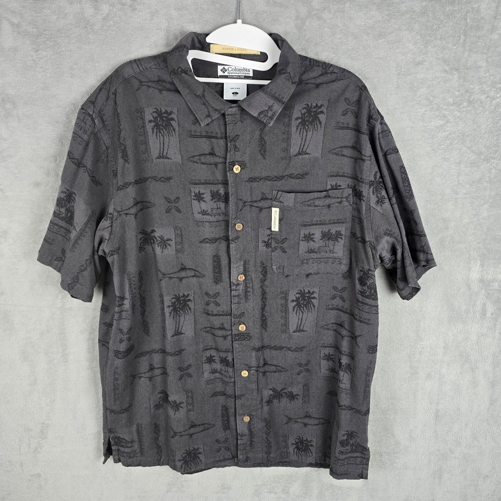 Columbia River Lodge Mens Large Grey Tropical Palm Fish Button Down Shirt FM7212
